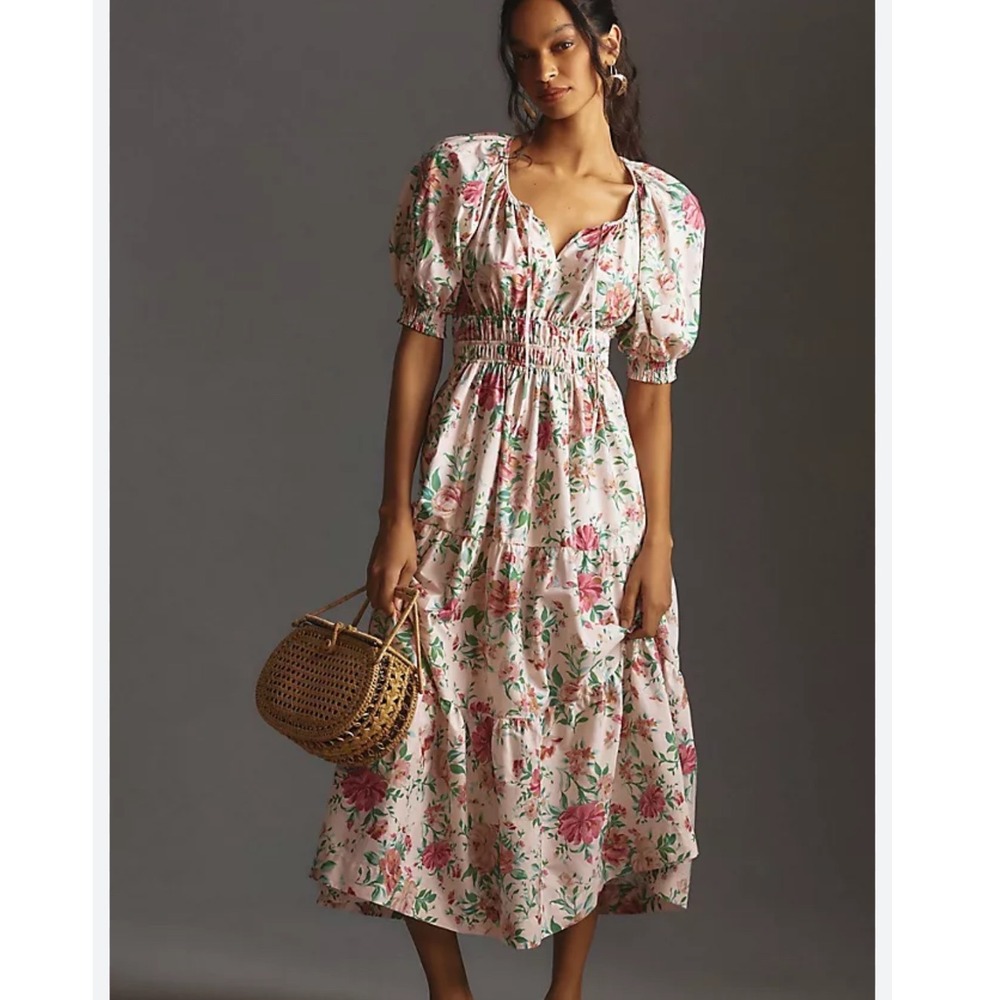 Anthropologie The Somerset Puff Sleeve Edition Midi Dress M Garden Floral Cottae